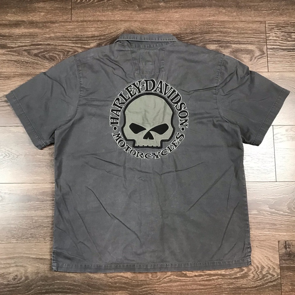 Harley-Davidson Motorcycle Biker Motor Clothes Mens Gray Button Down Shirt Sz XL